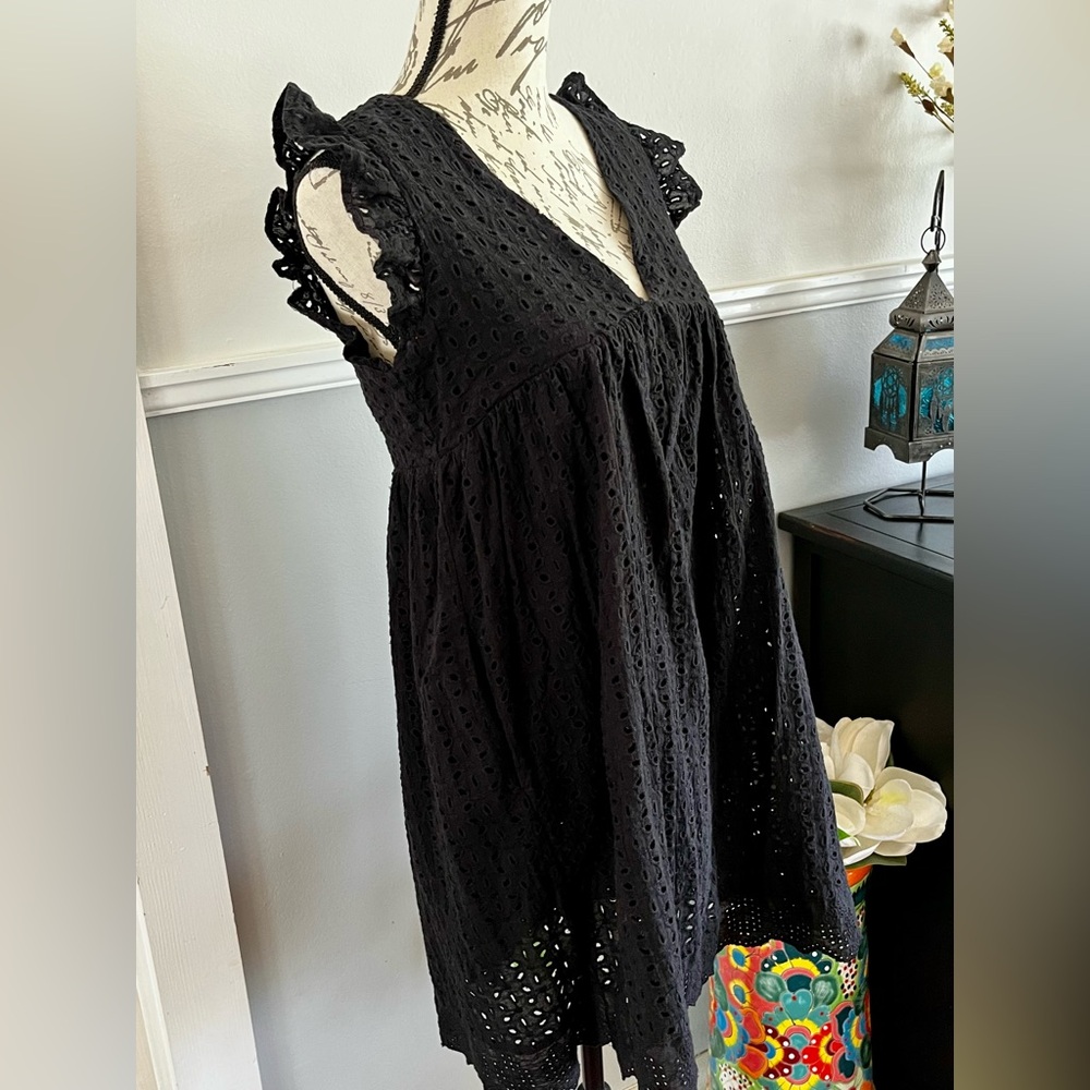 EUC Black Eyelet Babydoll Mini Dress Pockets Lined Built in Shorts Small - Picture 6 of 16